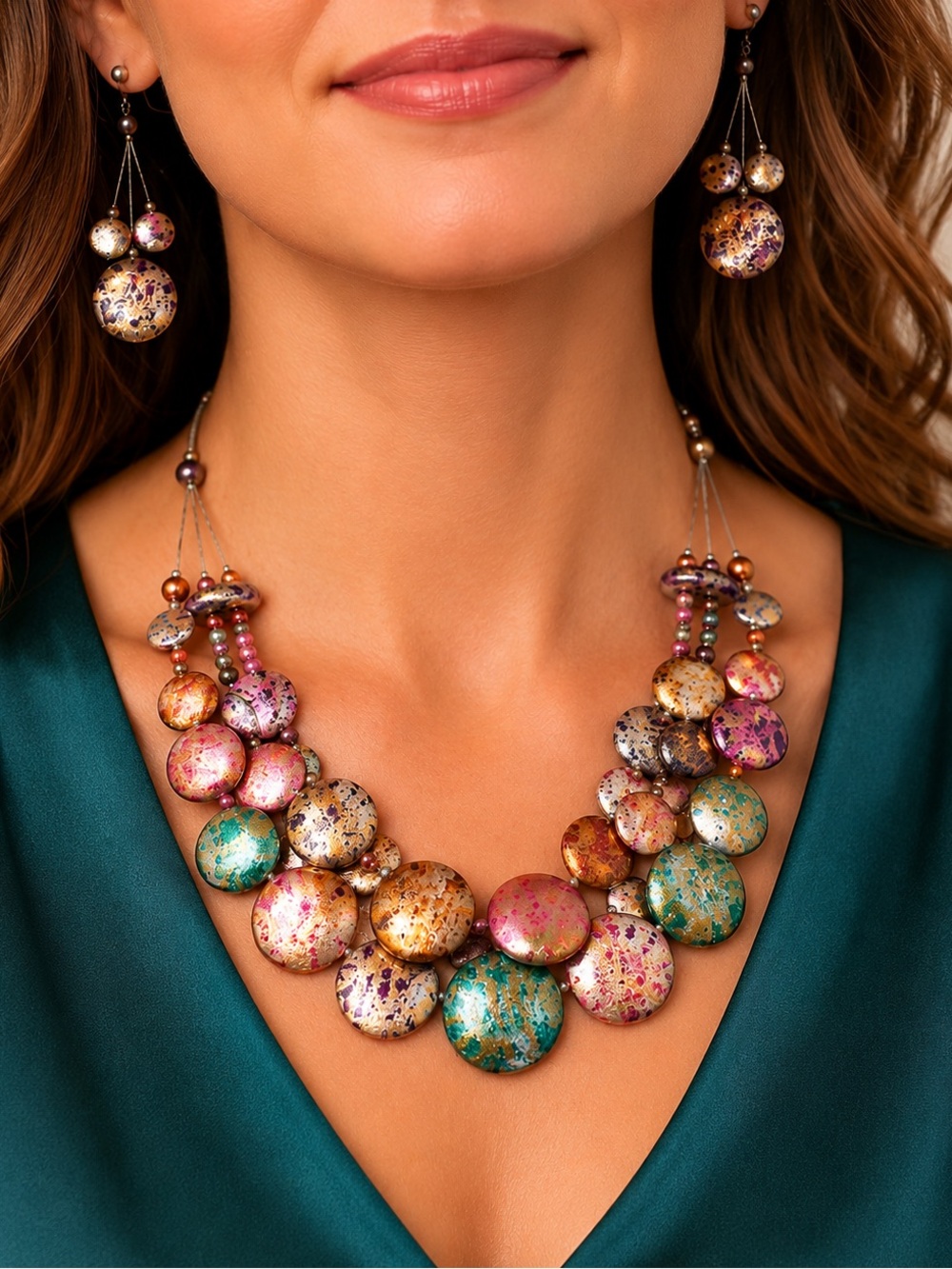 Vintage Multicolor Statement Necklace & Earrings Set Boho Art Jewelry
